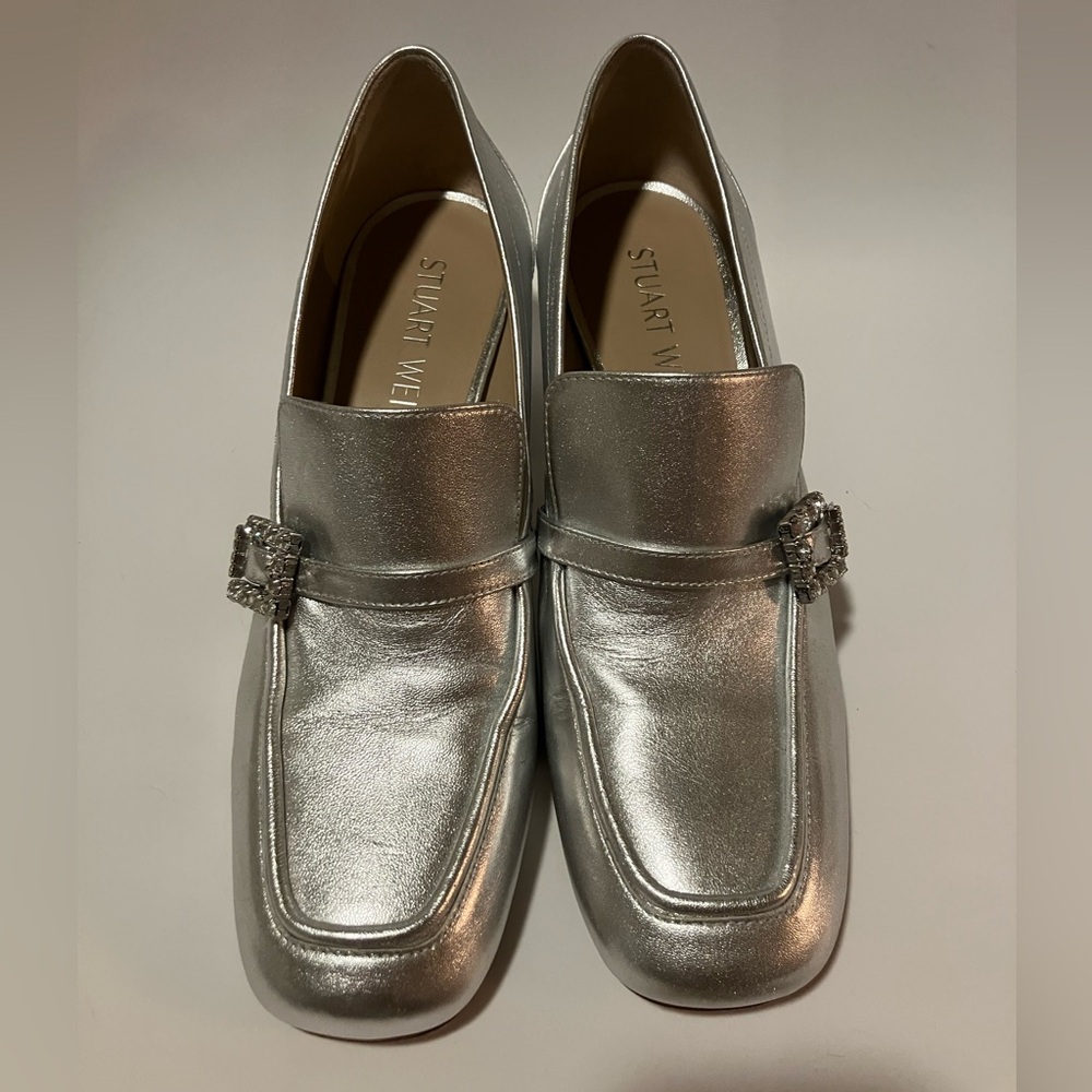 Stuart Weitzman Silver geo Loafers heels with Crystal Buckle 10.5 - Picture 4 of 6